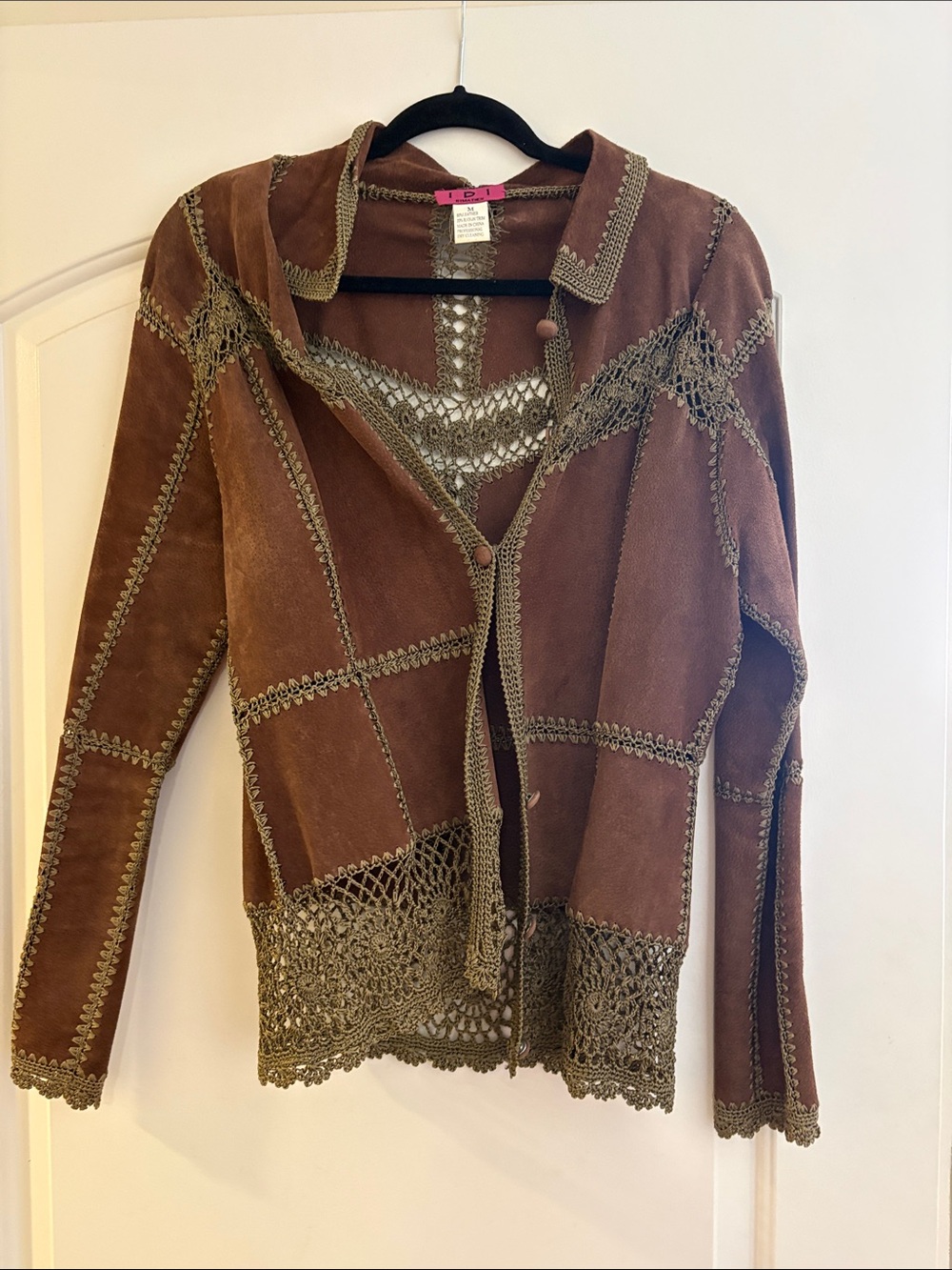 Brown Suede-Stitch Crochet Trim Jacket - Women